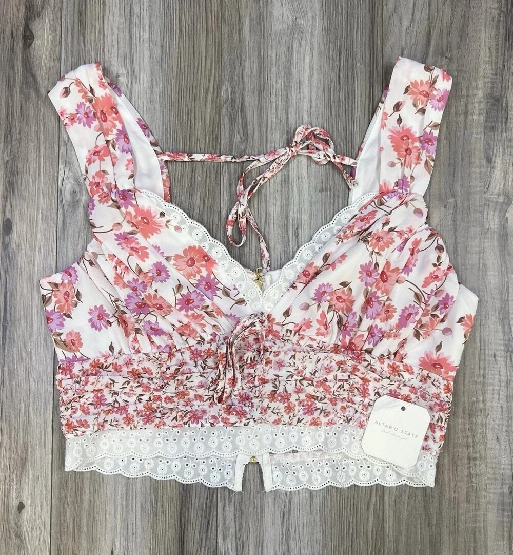 Altar'd State Andersyn Cropped Tank Pink Multi Floral Lace Trim Womens M NEW